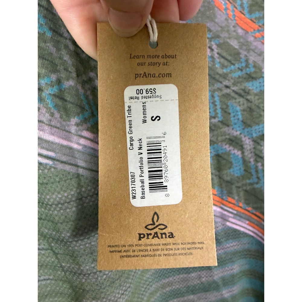 Prana Women's Top Baseball Portfolio V Neck Top Cargo Green Tribe Tribal Print - Picture 7 of 11